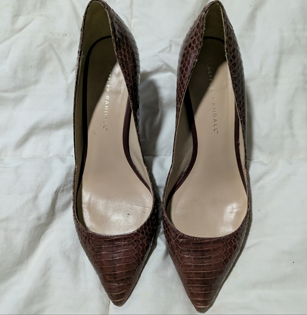 Loeffler Randall Size 8 Brown Snakeskin Embossed Leather Pointed Toe Stilettos